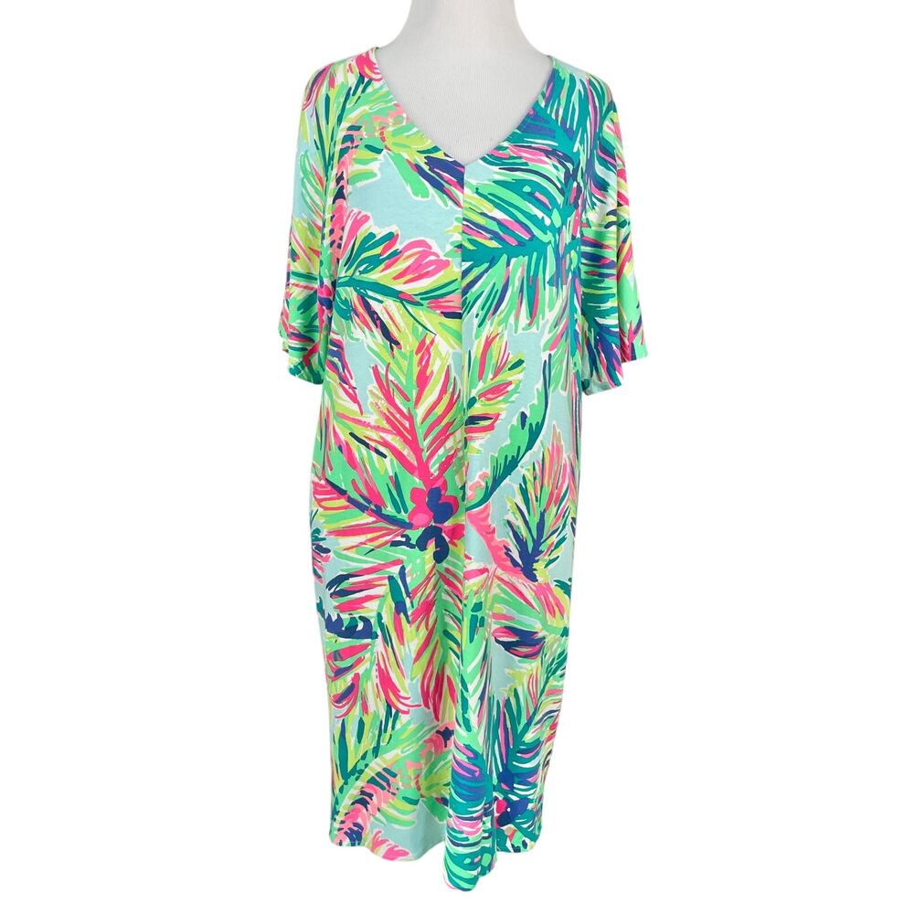 Lilly Pulitzer Short Sleeve Dress S Blue Green Tropical Palm Stretch Resort